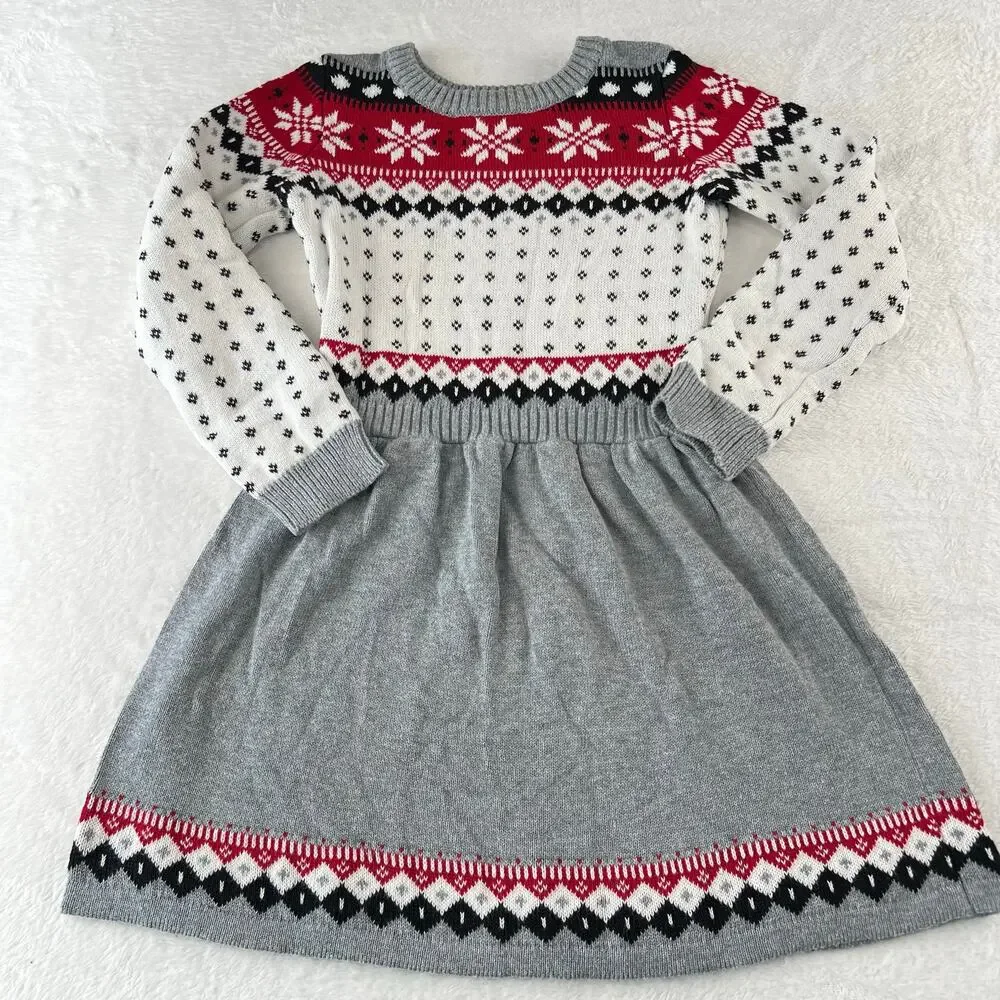 Gymboree Girl's Holiday Gray White Snowflake Cotton Knit Sweater Dress Size 7